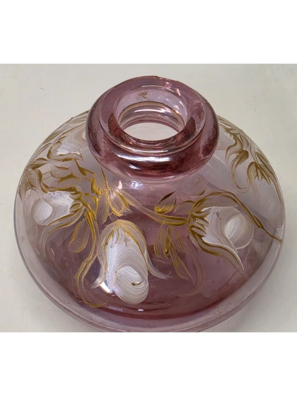 Vintage Pink Art Glass Rose Bowl Posy Vase Hand Painted Floral Gold Gilt 4.5